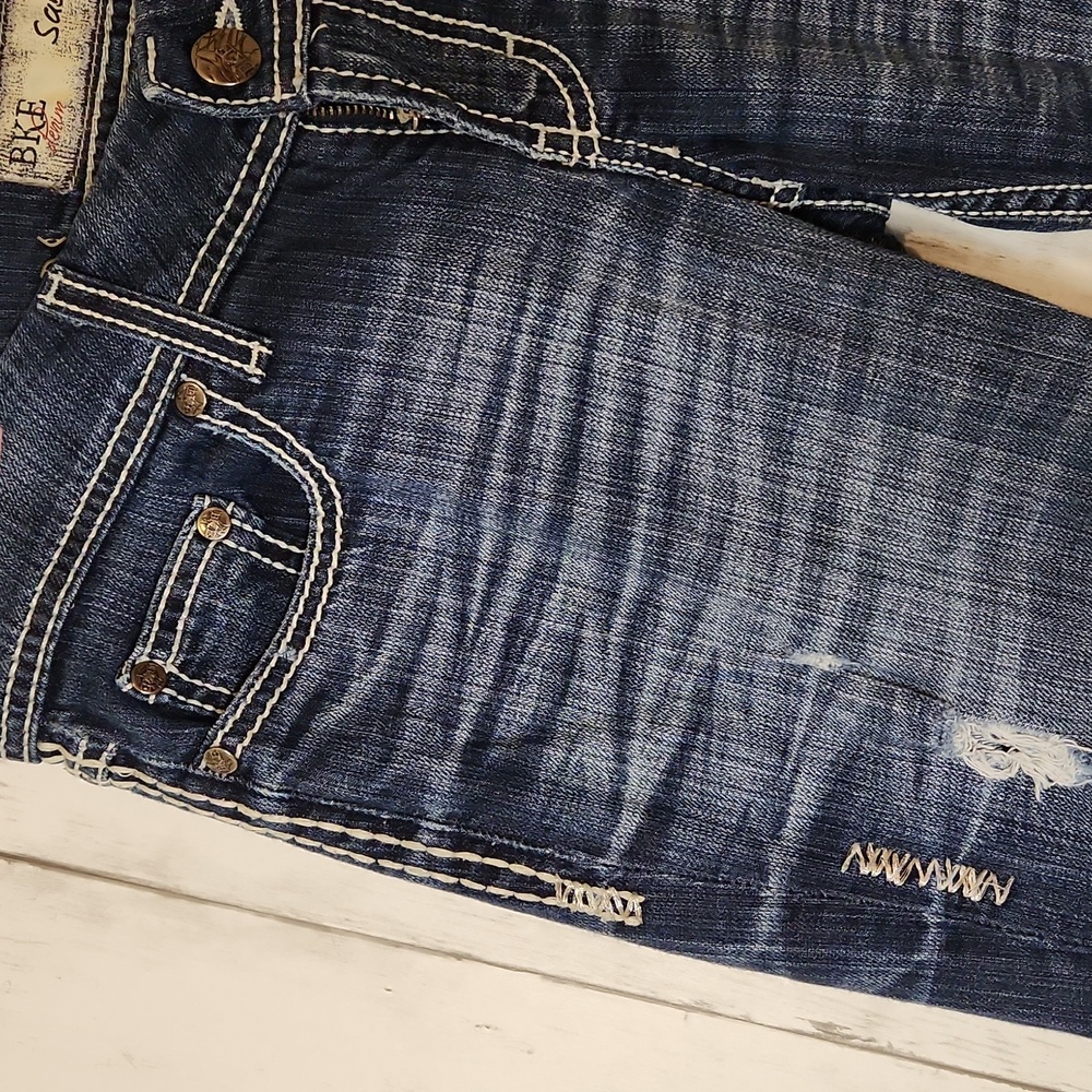 BKE Distressed Sabrina Flare Jeans - Dark Blue 29R - Picture 4 of 10